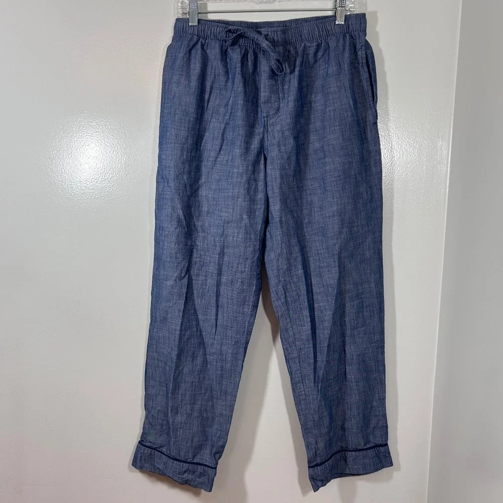 Lands End Mens Blue Chambray Cotton Pajama Pants Drawstring Medium 32-34